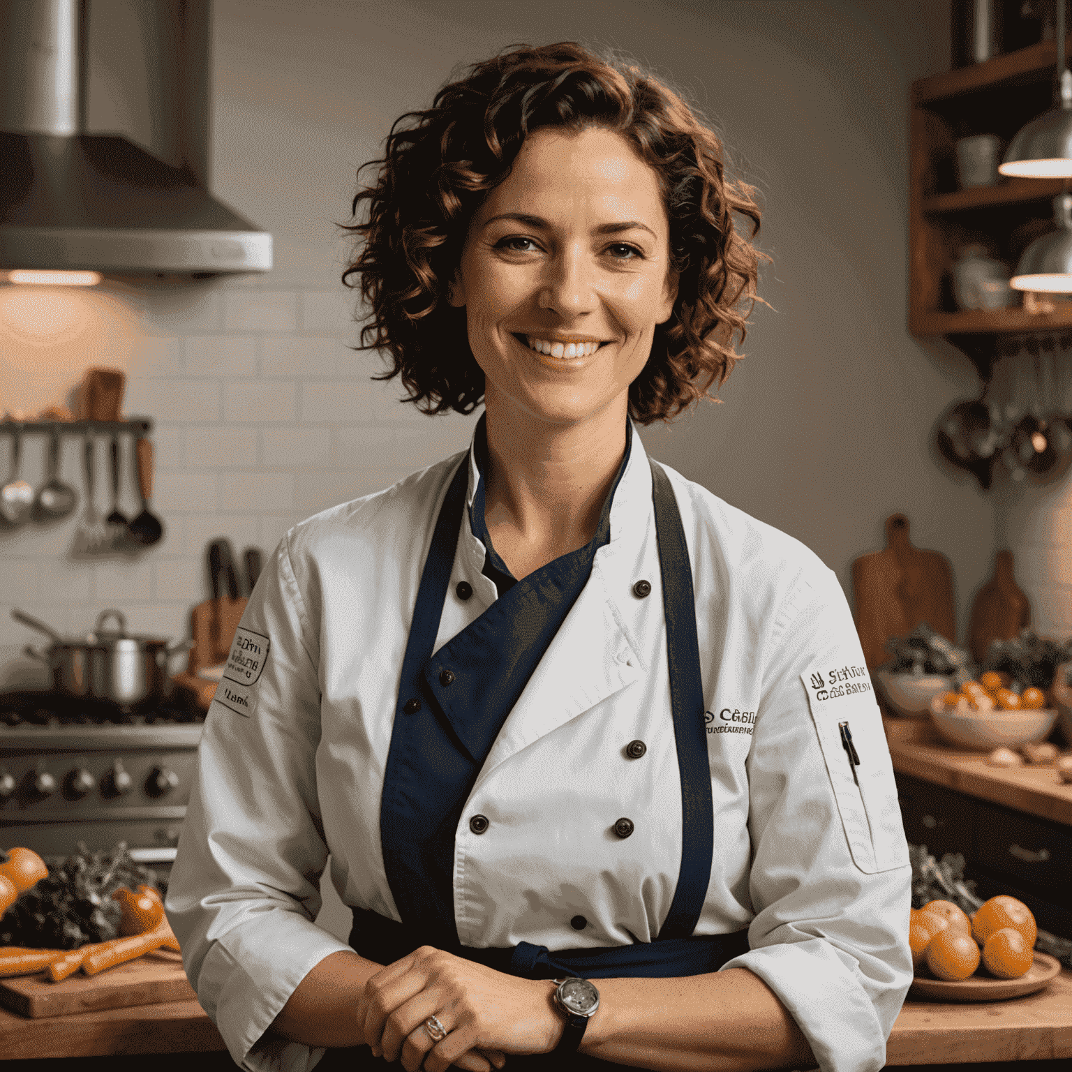 Sarah Johnson, Founder and Head Chef - A woman in her mid-30s with curly brown hair and a warm smile, wearing a chef's jacket