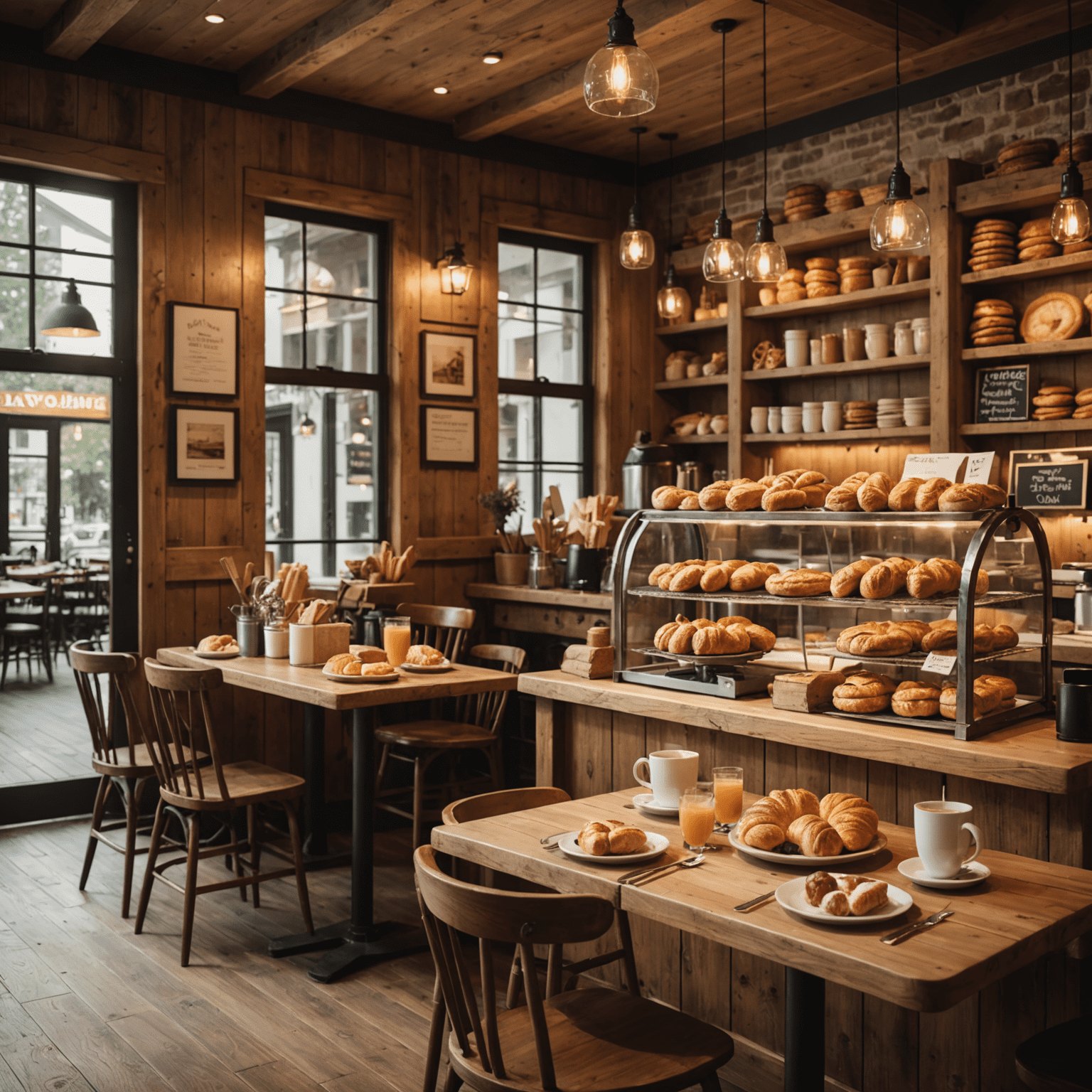 A cozy café interior with rustic wooden tables and chairs, warm lighting, and a display of freshly baked pastries. The atmosphere suggests a welcoming space for enjoying hearty American breakfasts.