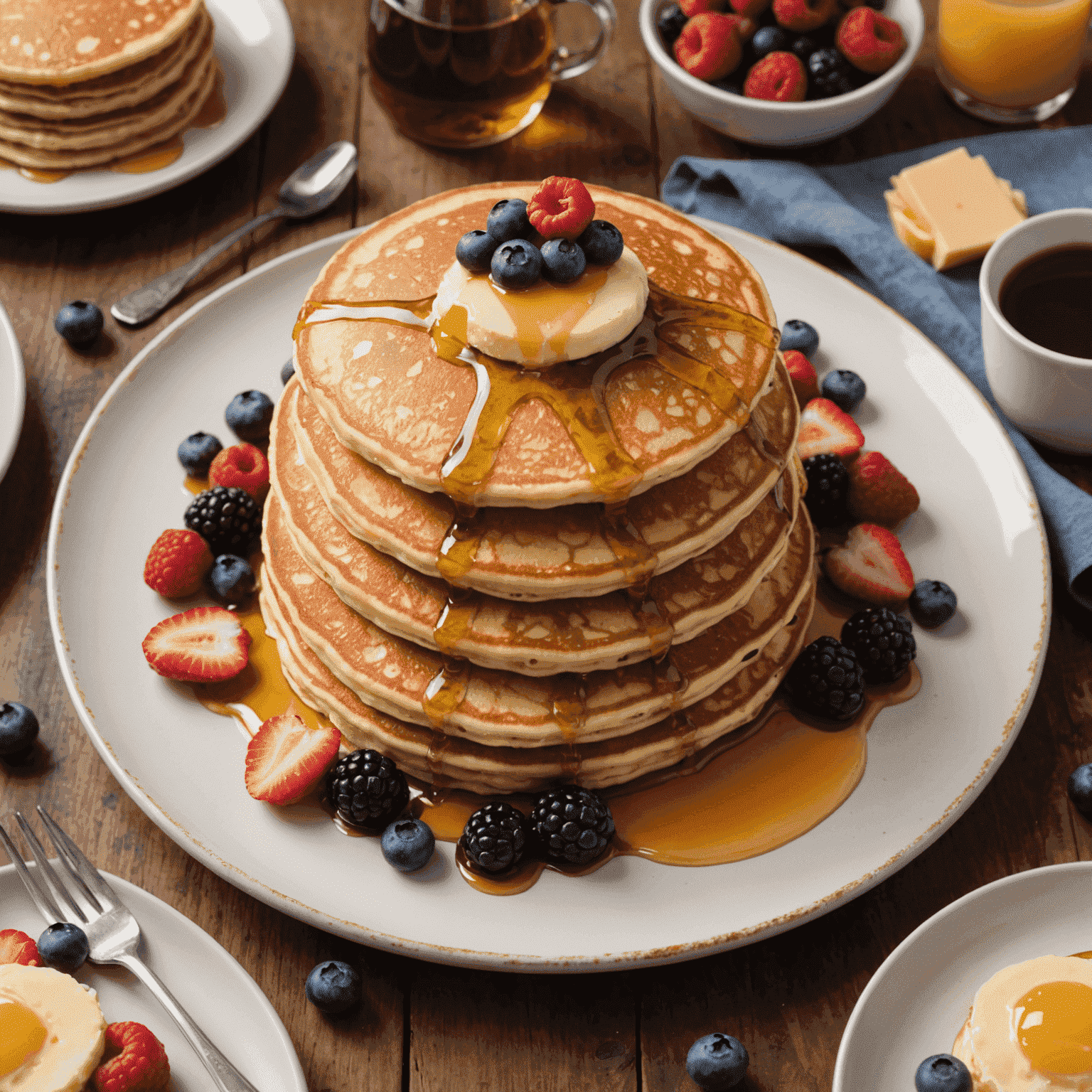 A stack of golden, fluffy pancakes drizzled with maple syrup, topped with a pat of butter and fresh berries