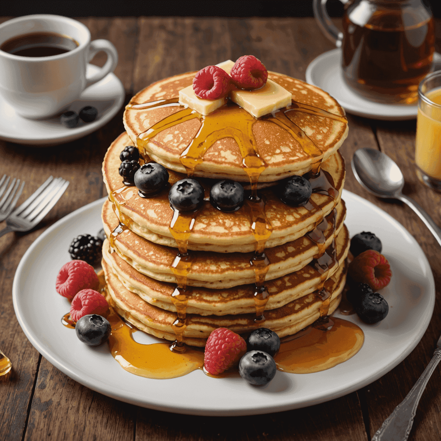 A stack of fluffy golden pancakes drizzled with maple syrup, topped with a pat of butter and fresh berries