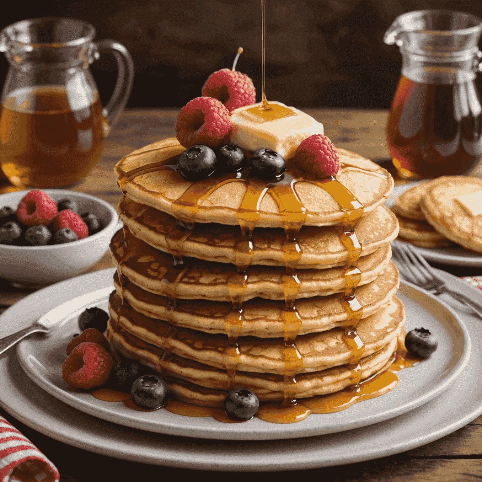 A towering stack of golden, fluffy pancakes drizzled with rich maple syrup, topped with a pat of melting butter, and garnished with fresh berries. The stack is placed on a rustic wooden table with a gingham napkin, creating a cozy American breakfast scene.