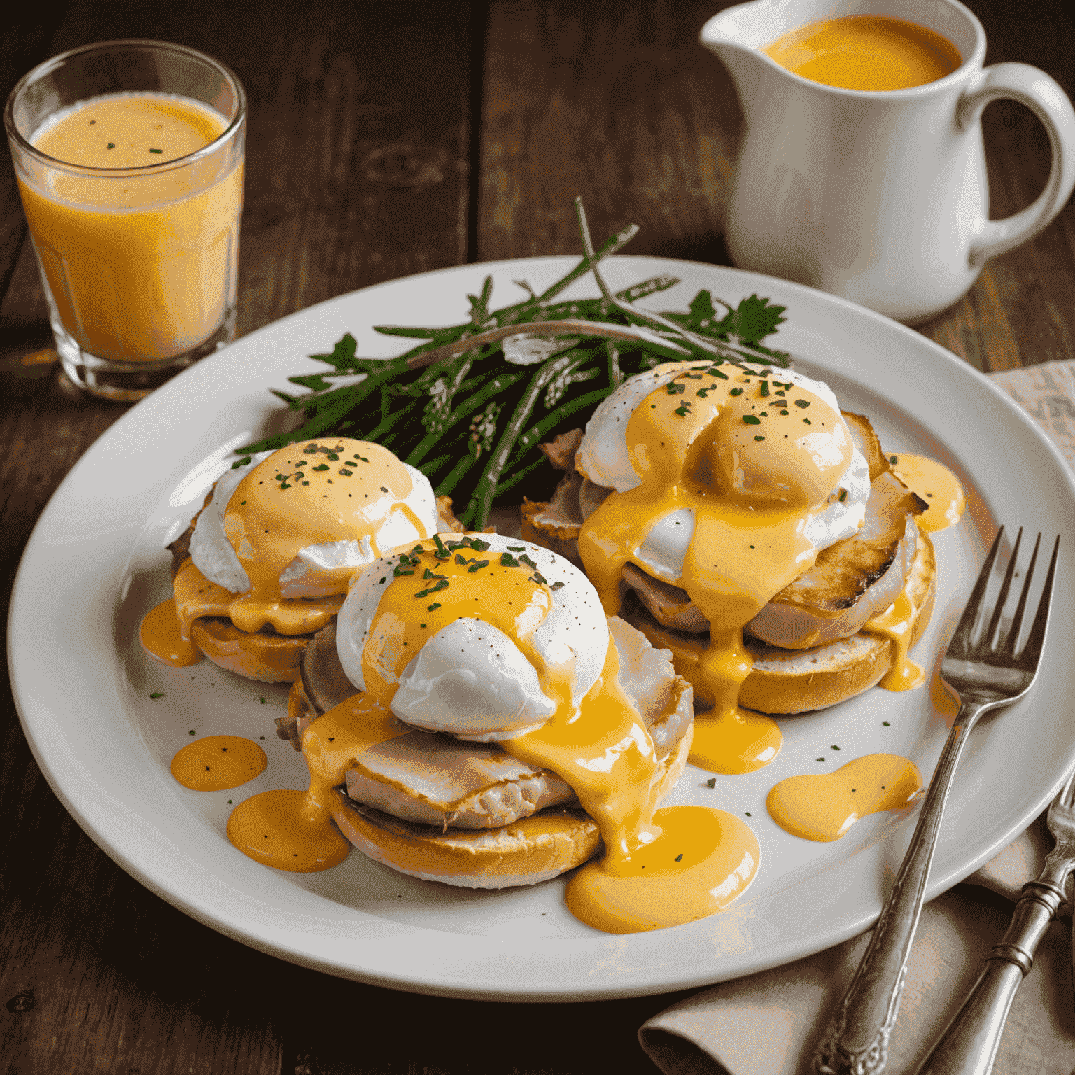 A plate of Eggs Benedict with Canadian bacon, poached eggs, and hollandaise sauce drizzled with maple syrup. The dish is garnished with fresh chives and served alongside a small jug of extra maple syrup.