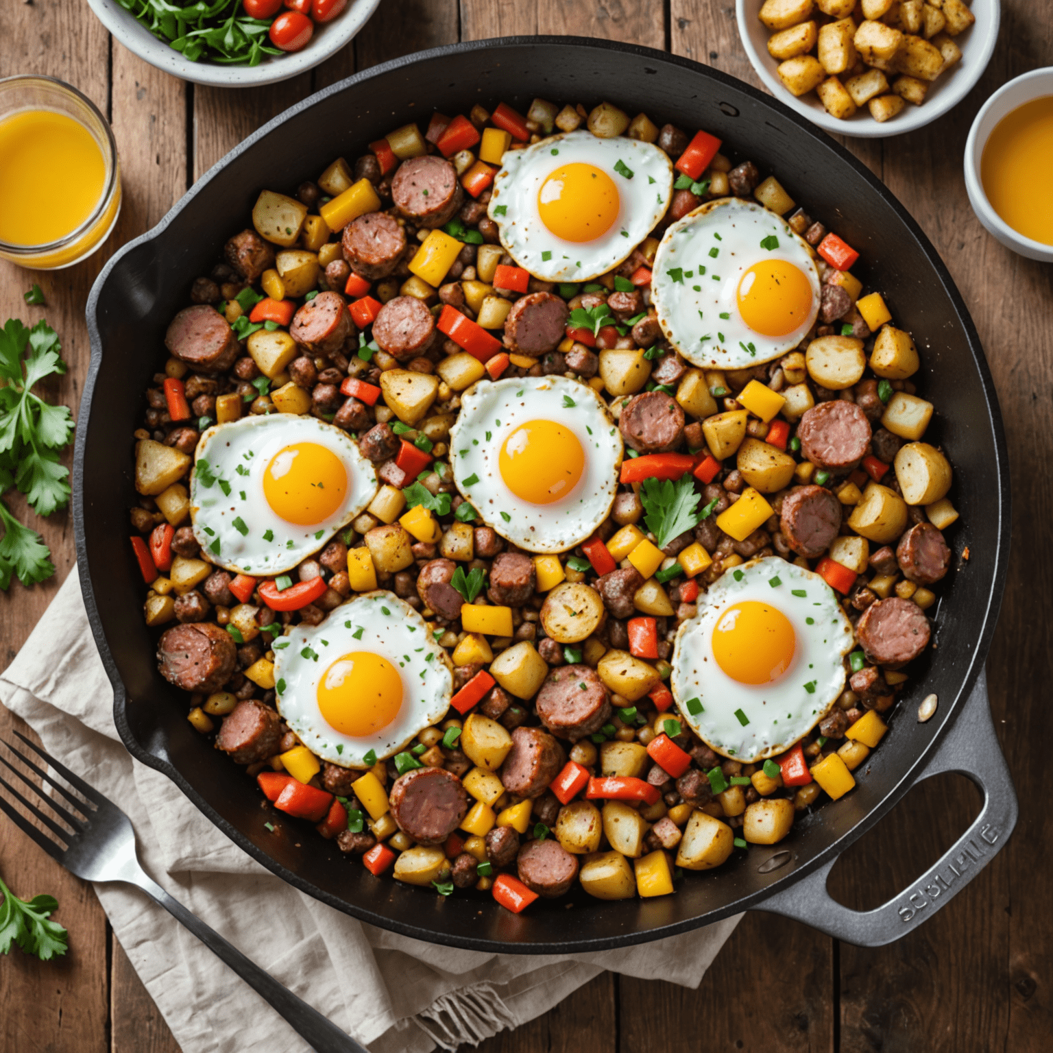 A steaming skillet filled with a colorful breakfast hash, featuring golden-brown crispy potatoes, chunks of savory sausage, diced bell peppers, and sunny-side-up eggs on top. The dish is garnished with fresh herbs and sits on a rustic wooden table.