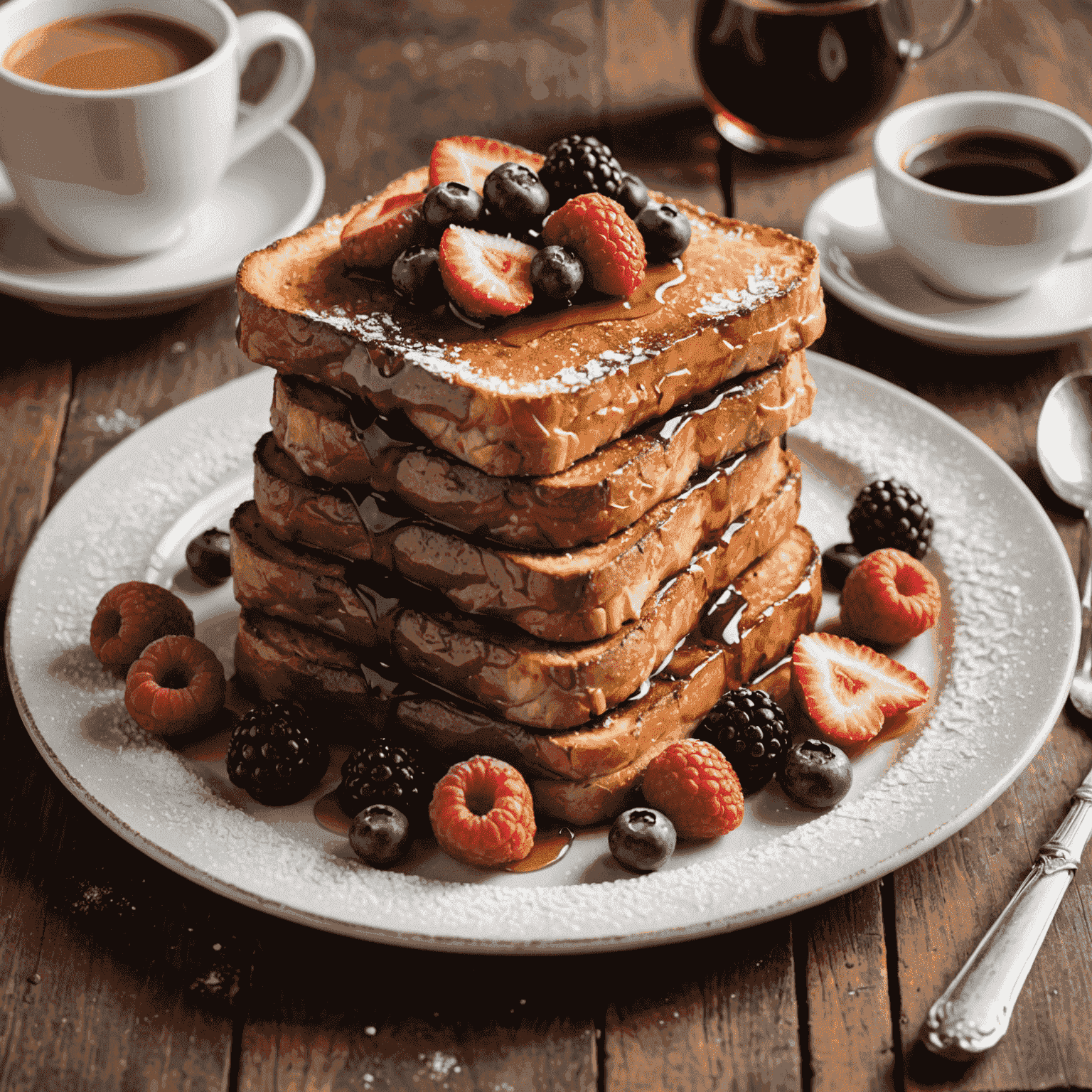 A plate of golden-brown French toast stacked high, drizzled with maple syrup, and topped with fresh berries and a dusting of powdered sugar. The plate is set on a rustic wooden table with a cup of coffee nearby, evoking a cozy breakfast atmosphere.