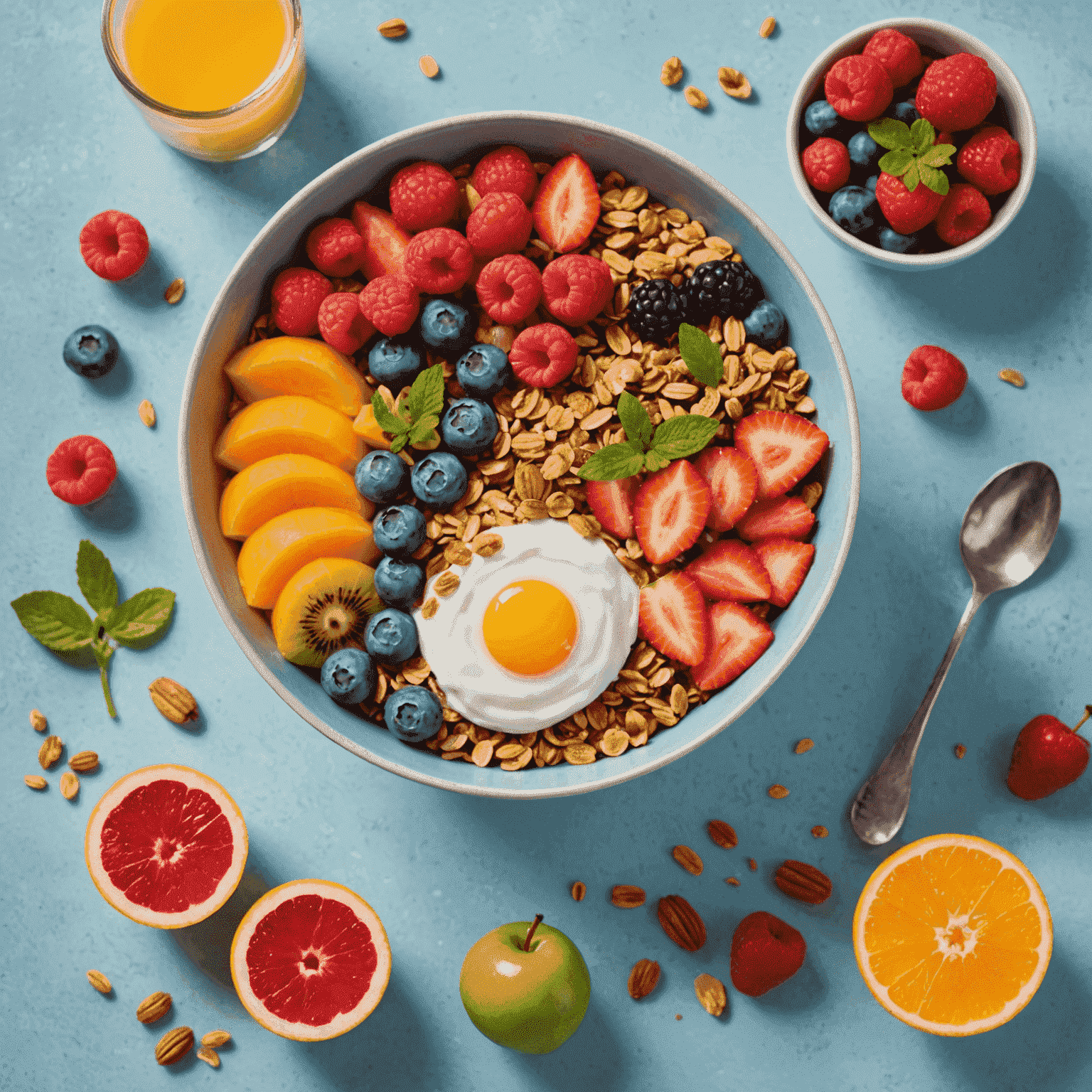 A beautifully arranged breakfast bowl with colorful fruits, granola, and yogurt, set against a light blue background reminiscent of a clear morning sky