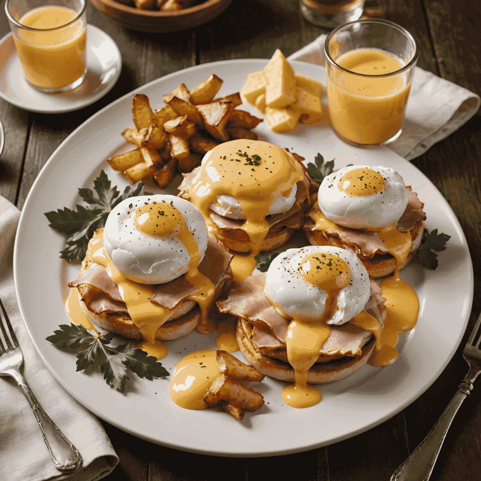 A plate of Eggs Benedict with Canadian bacon, poached eggs, and hollandaise sauce with a maple leaf garnish