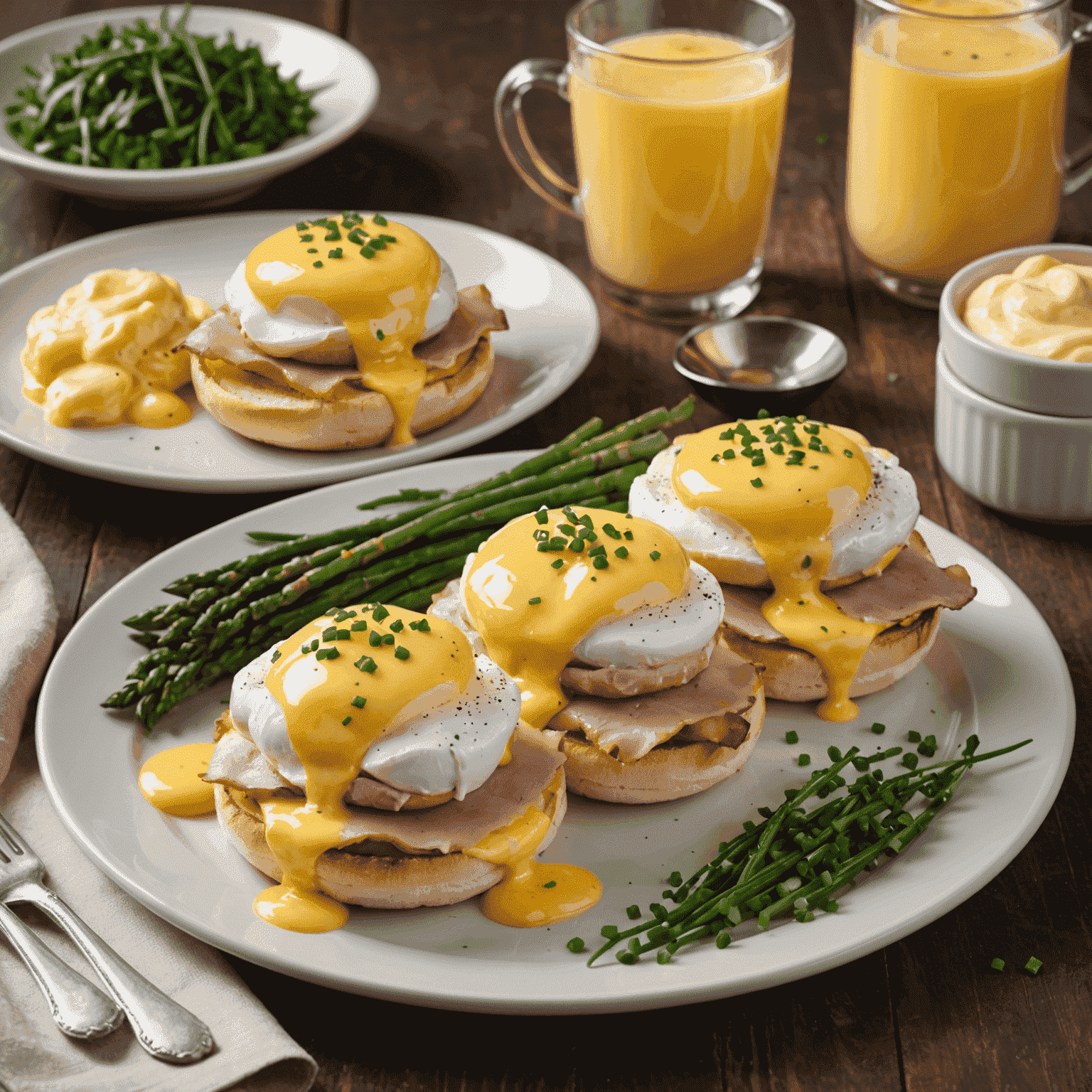 A plate of Eggs Benedict with Canadian bacon, poached eggs, and hollandaise sauce on English muffins, garnished with chives