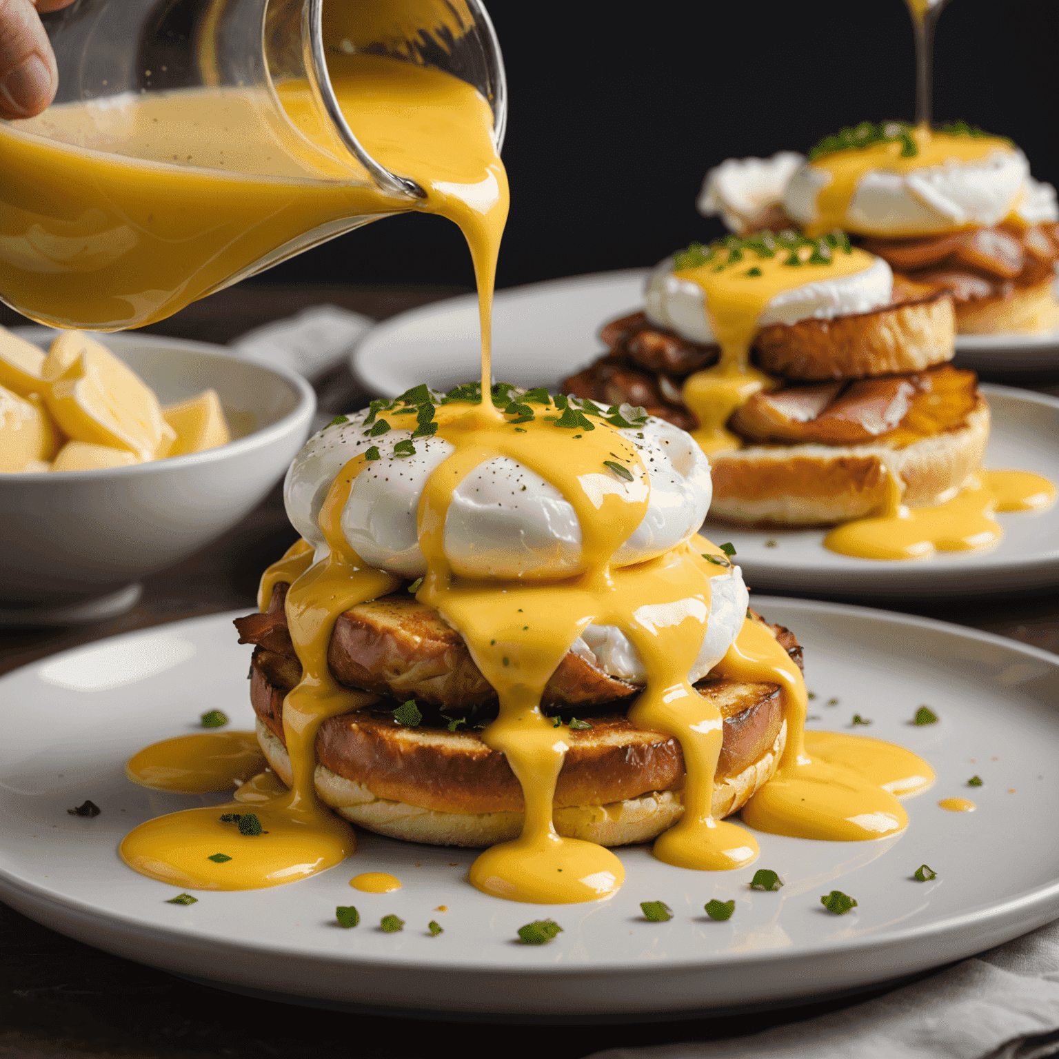 Close-up of the maple hollandaise sauce being poured over the Eggs Benedict, showcasing its silky texture and golden color with a subtle sheen from the maple syrup.