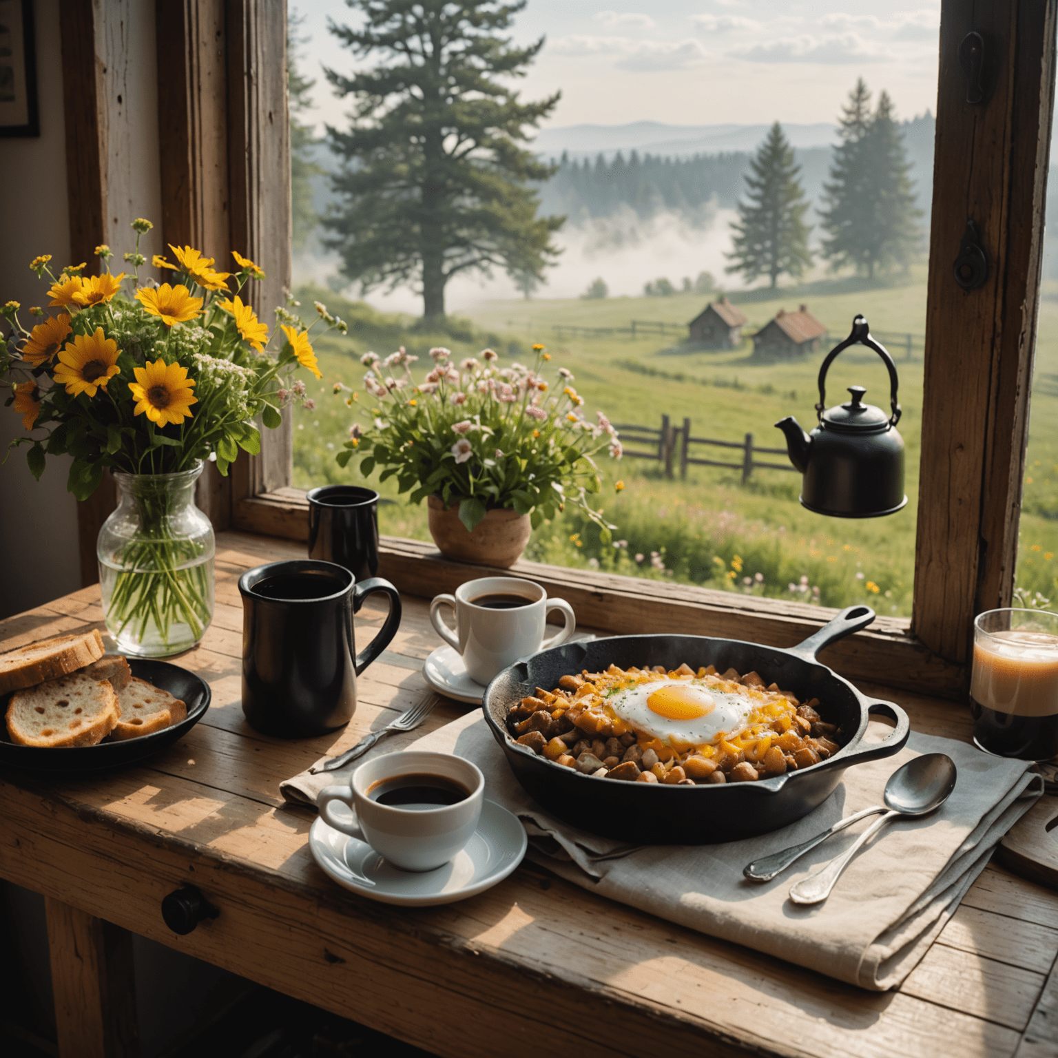 A cozy breakfast nook with a window overlooking a misty morning landscape. On the table is the breakfast hash in a cast-iron skillet, accompanied by a steaming mug of coffee and a small vase with fresh flowers.