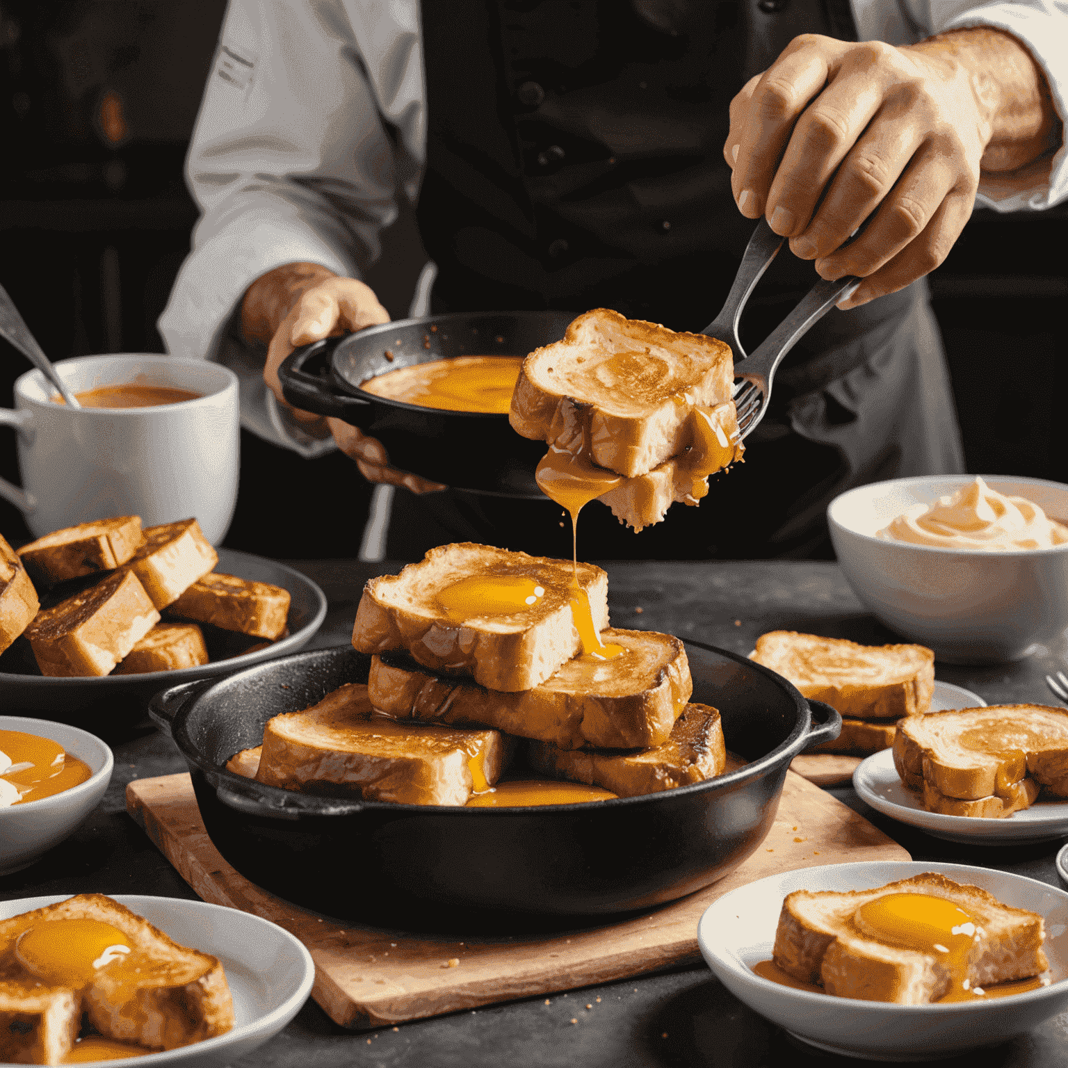 A chef's hands dipping a thick slice of brioche into a bowl of French toast batter, with a sizzling skillet in the background ready for cooking.