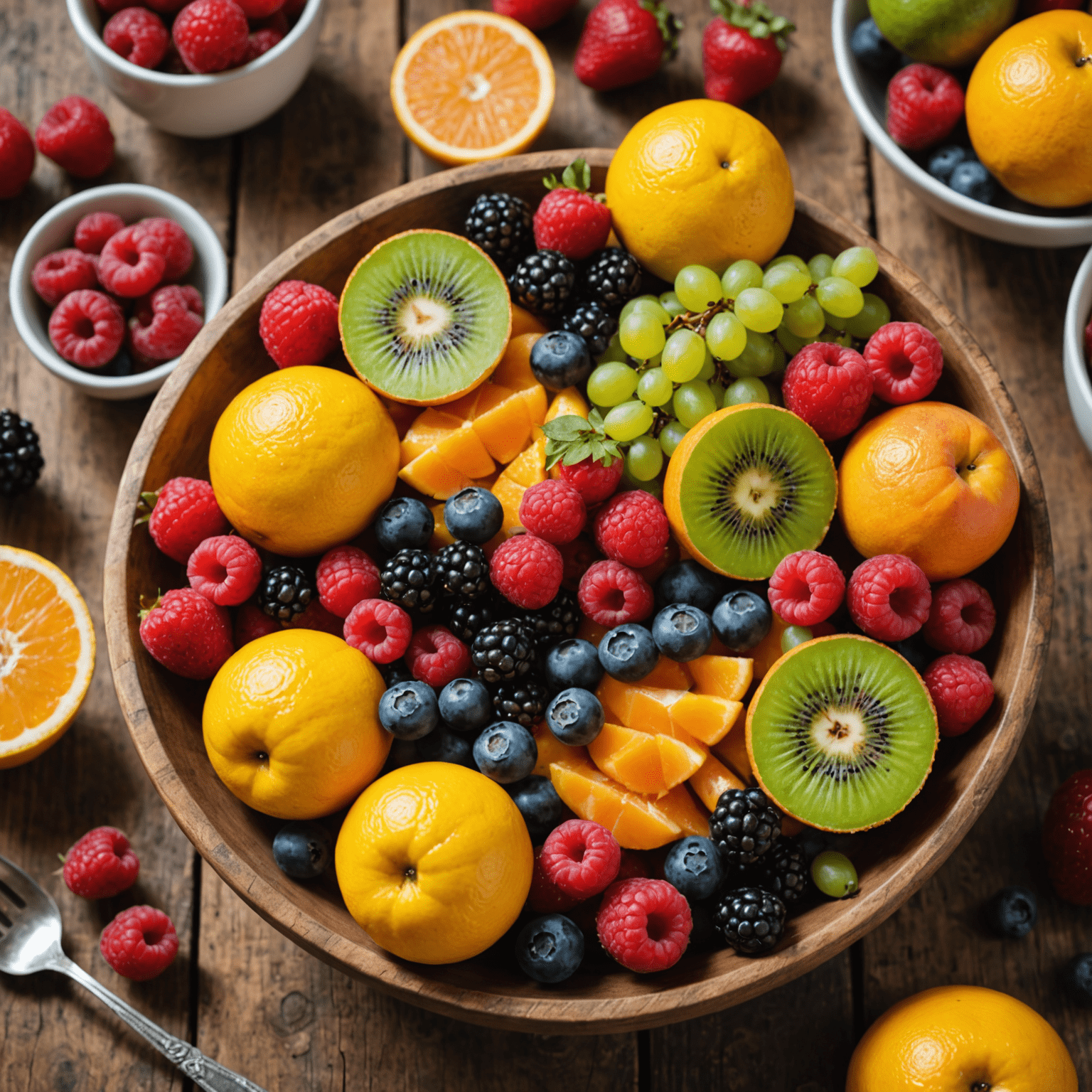 A close-up of various fresh fruits being added to a breakfast bowl, showcasing the vibrant colors and textures against a rustic wooden table