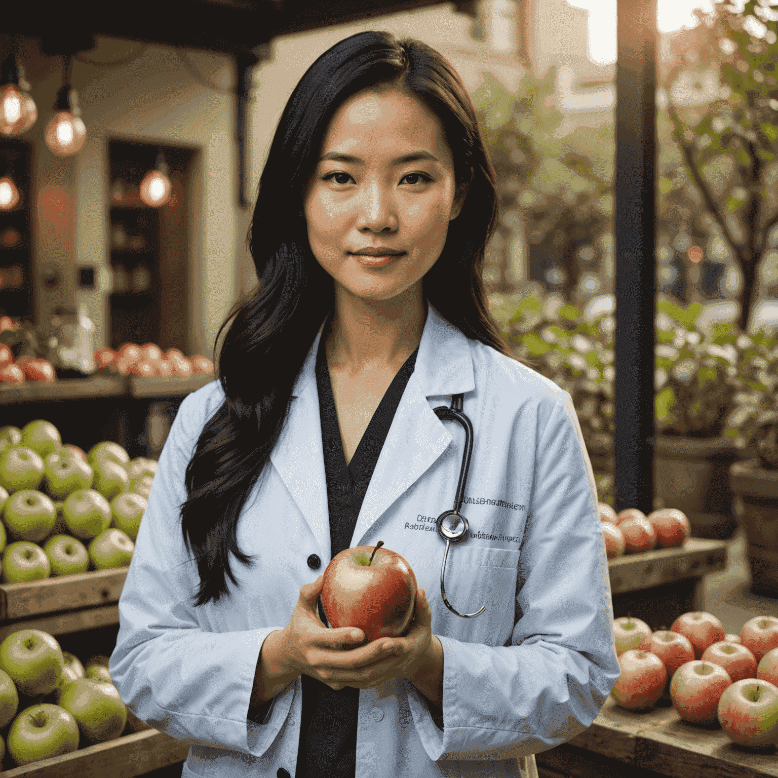 Emily Chen, Nutritionist - A woman in her early 30s with long black hair, wearing a white lab coat and holding an apple