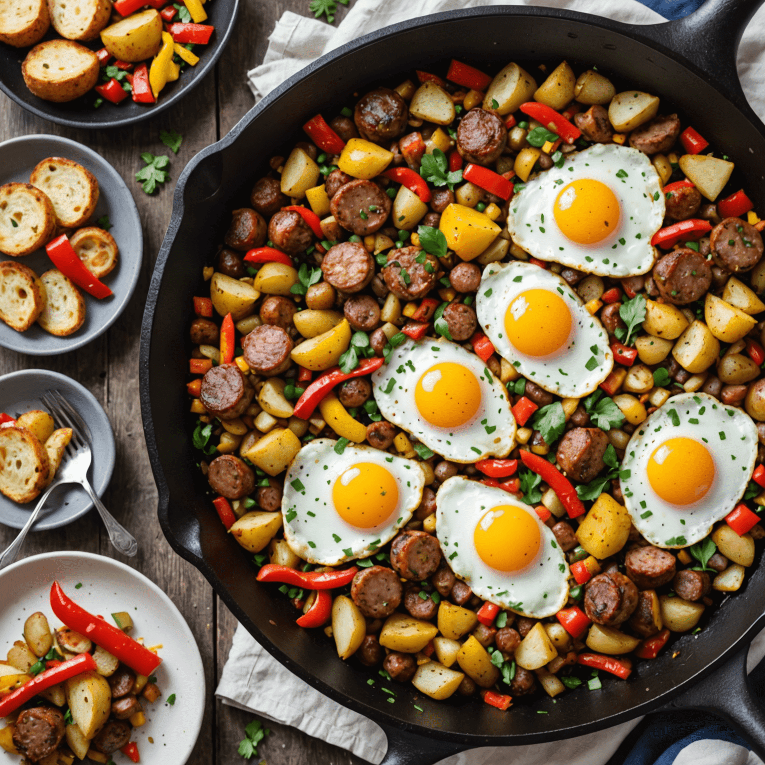 A cast-iron skillet filled with a colorful breakfast hash, featuring crispy potatoes, sausage, bell peppers, and sunny-side-up eggs