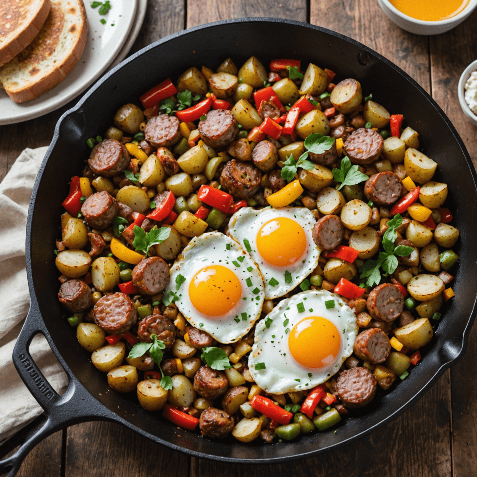 A cast-iron skillet filled with a colorful breakfast hash, featuring crispy potatoes, sausage, bell peppers, and a perfectly fried egg on top