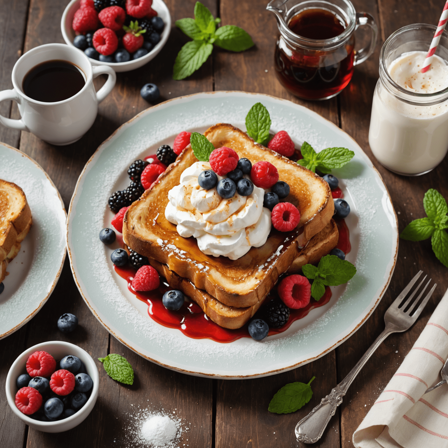 A beautifully plated French toast dish with a variety of toppings arranged around it - fresh berries, sliced bananas, a small jug of maple syrup, and a dollop of whipped cream. The plate is garnished with mint leaves and a light dusting of powdered sugar.