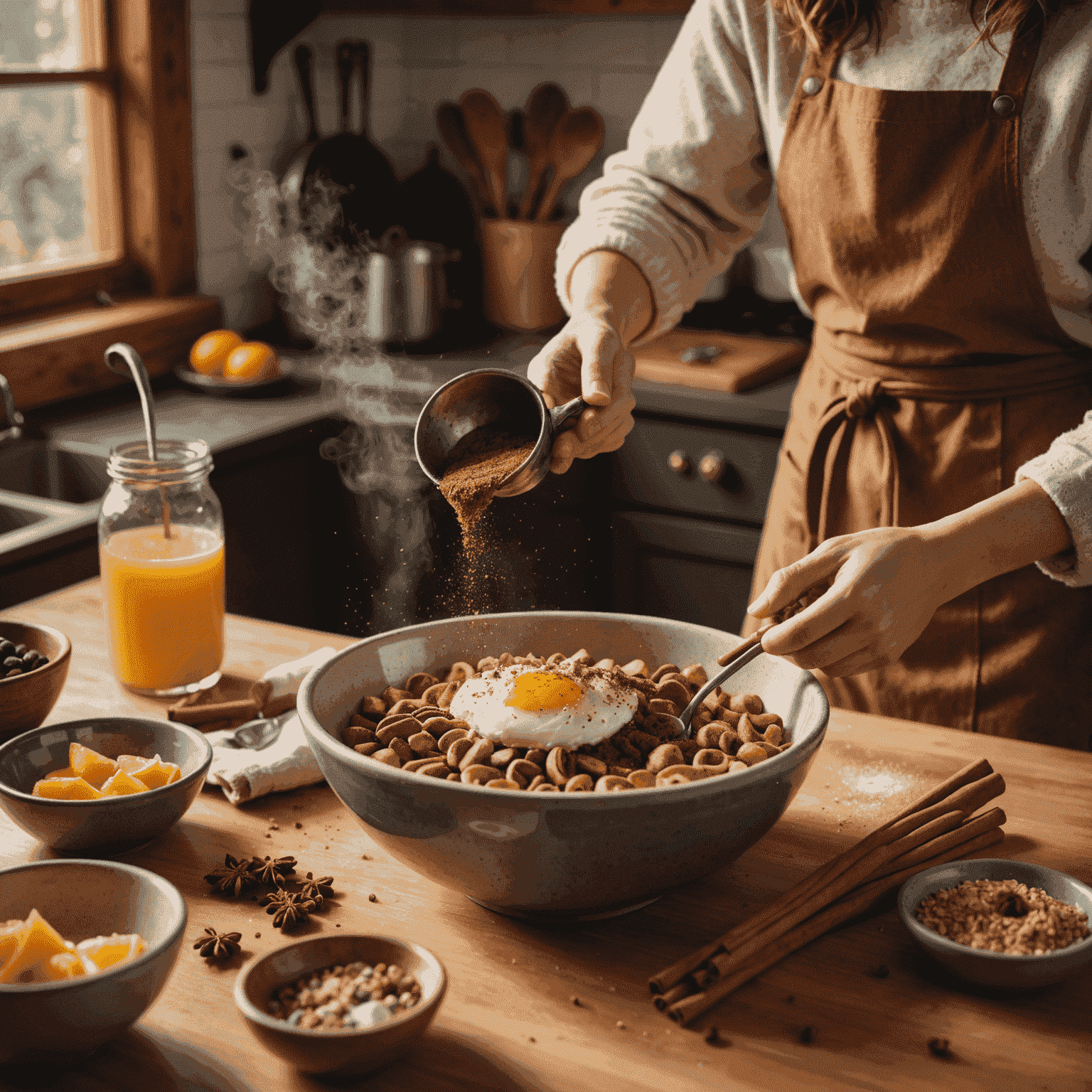 A hand sprinkling cinnamon over a completed breakfast bowl, with steam rising to indicate warmth, set in a cozy kitchen with soft morning light