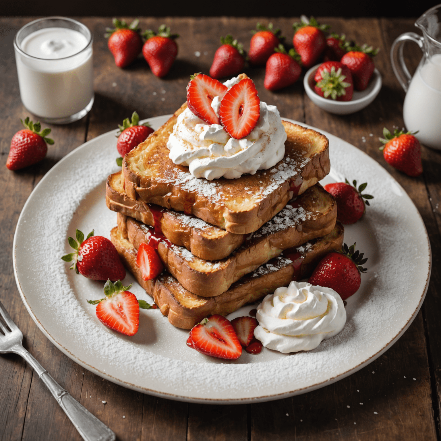 A plate of thick-sliced French toast dusted with powdered sugar, topped with fresh strawberries and a dollop of whipped cream