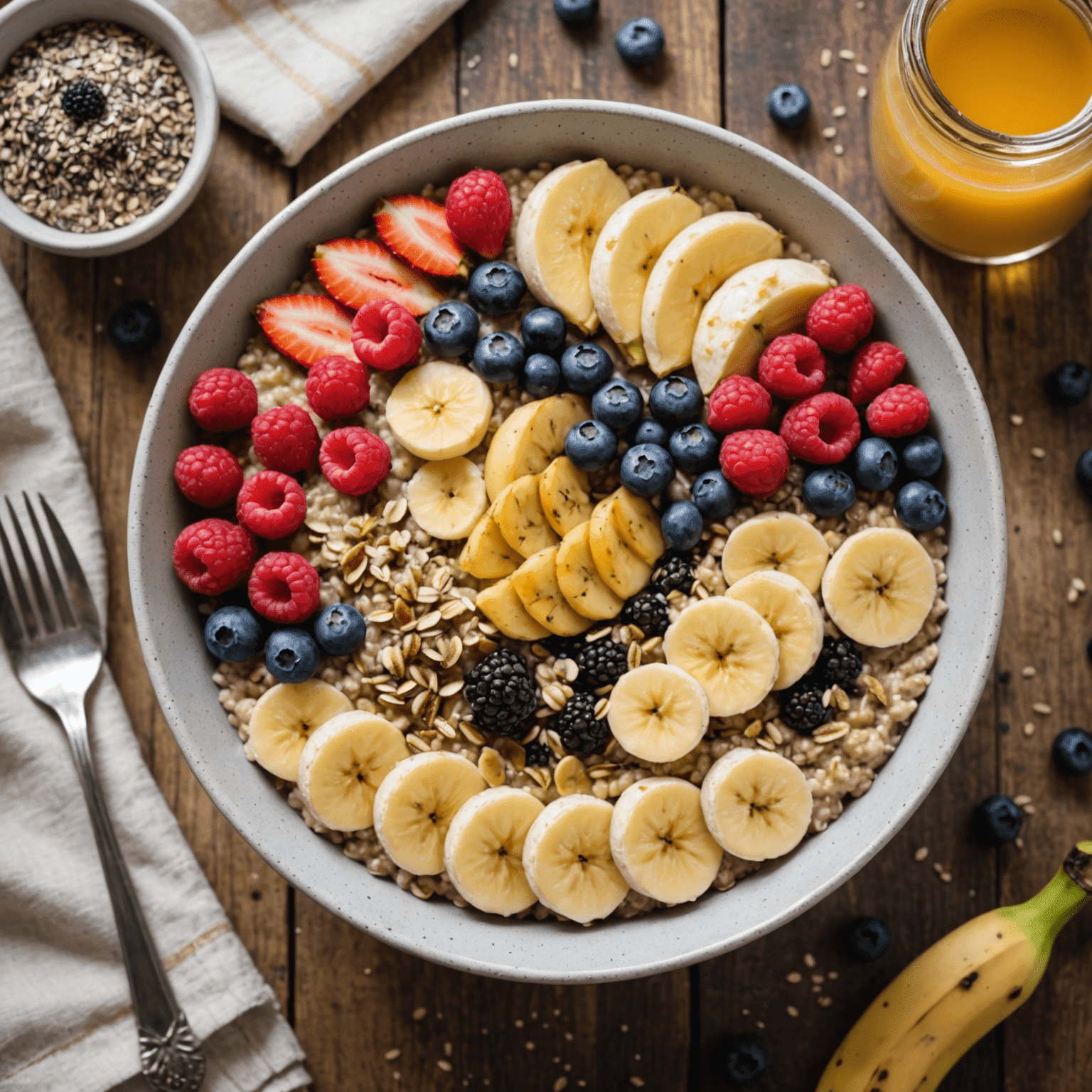 A beautifully arranged breakfast bowl filled with oatmeal, sliced bananas, berries, chia seeds, and a drizzle of honey